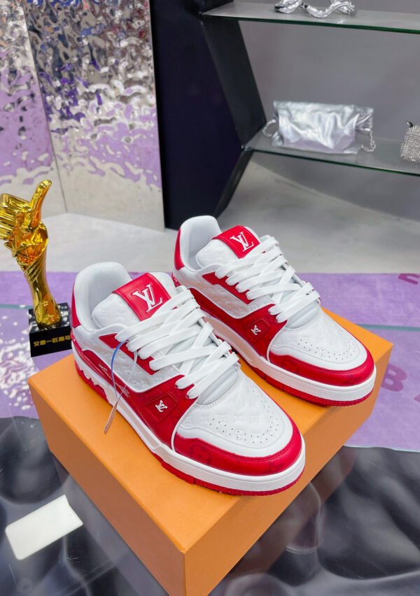 Louis Vuitton Trainer Low Signature Red White Sneaker Shoes - Image 3